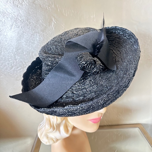 WINSOME 1940\'s STRAW WIDE BRIM FEDORA WITH GROSGRAIN BOW & STRAW BALLS main image 11